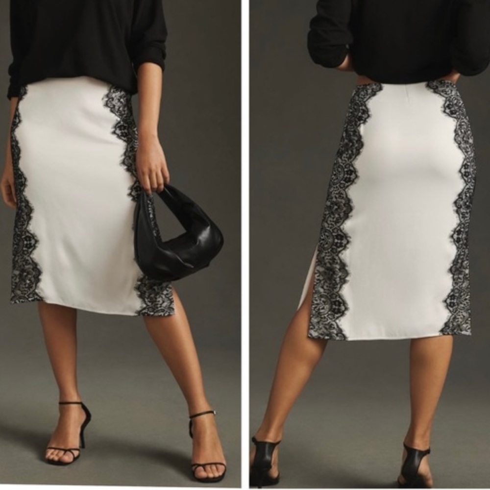 Maeve Anthropologie white black lace trim pencil skirt with side slits, 2 - Picture 1 of 9